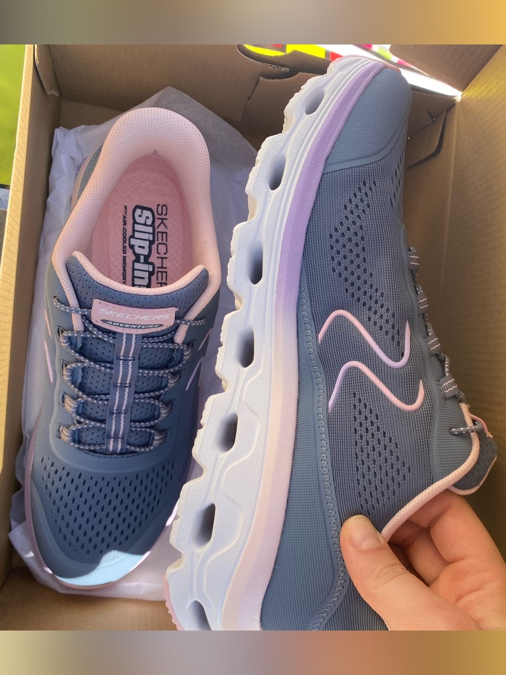 Skechers Women’s Slip-In Sneakers in Dusty Blue with Pink Accents